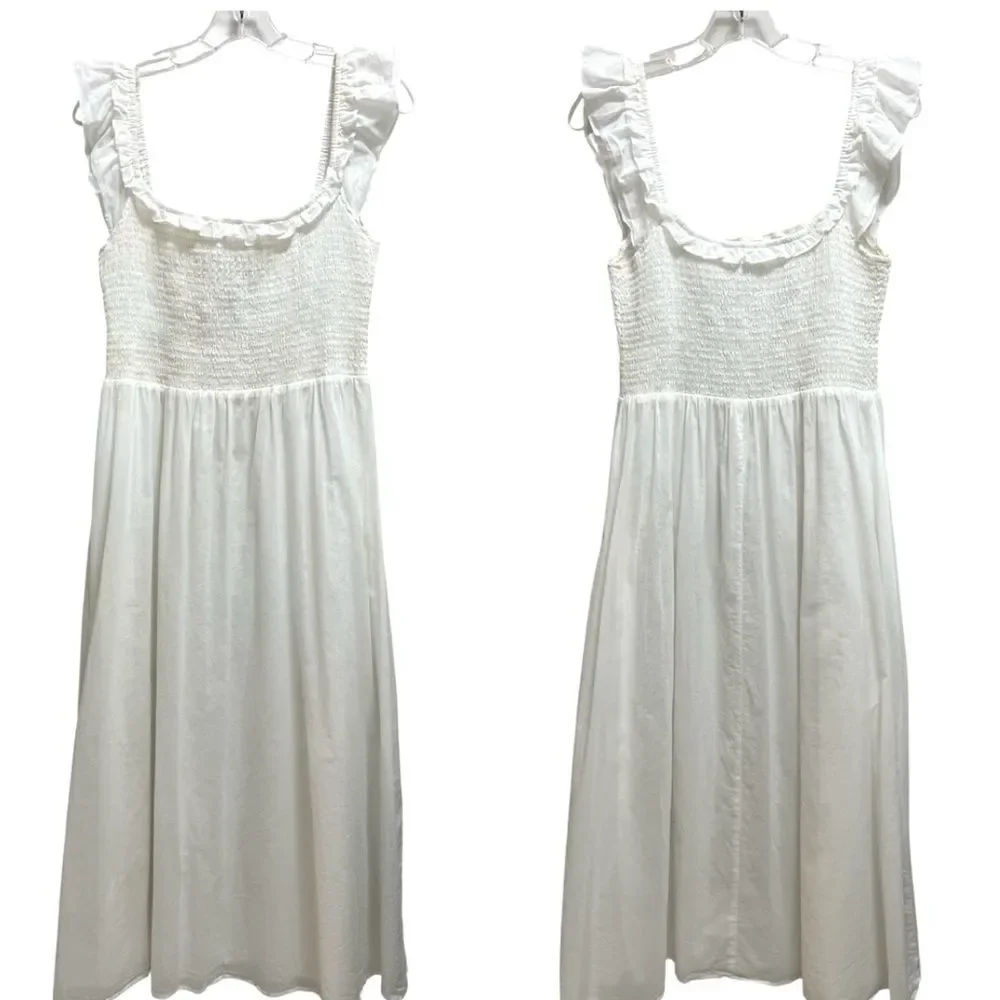 Reformation Villa Midi Dress Smocked Organic Cotton White Size L - Picture 3 of 9